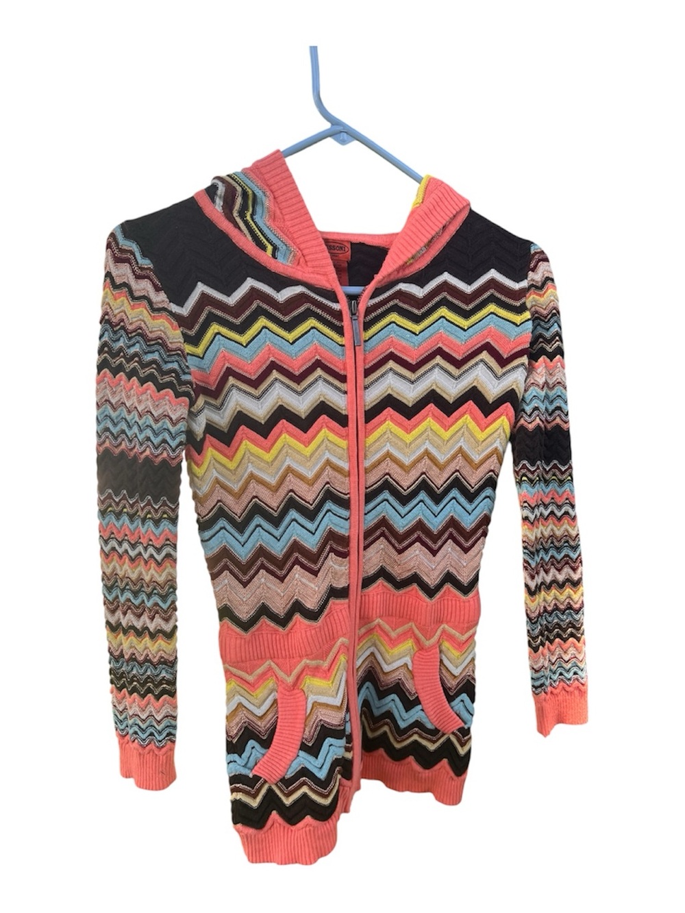 Missoni  Multicolor Chevron Zip Hoodie Jacket - coral  Accent trim
